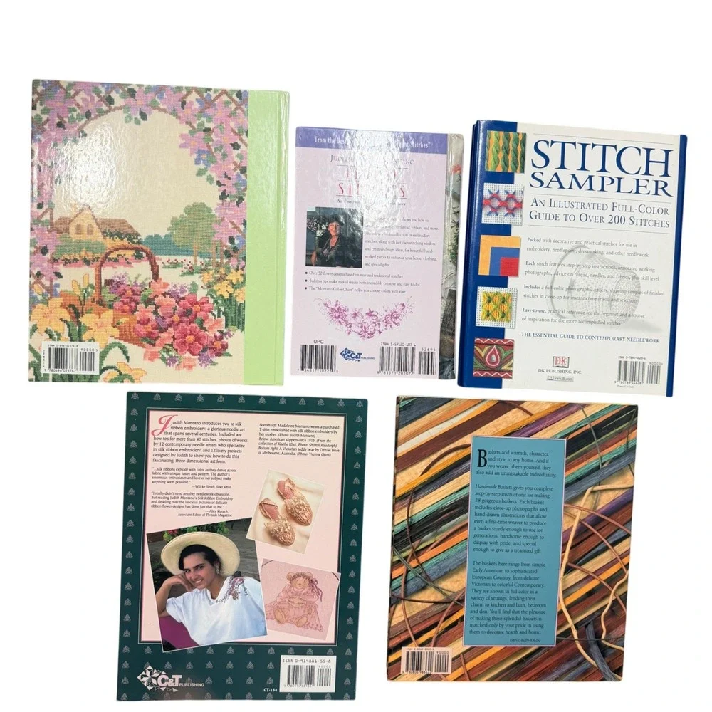 Lot of 5 Needlework Craft Books Silk‎ Ribbon Embroidery Stitch Sampler Basketry